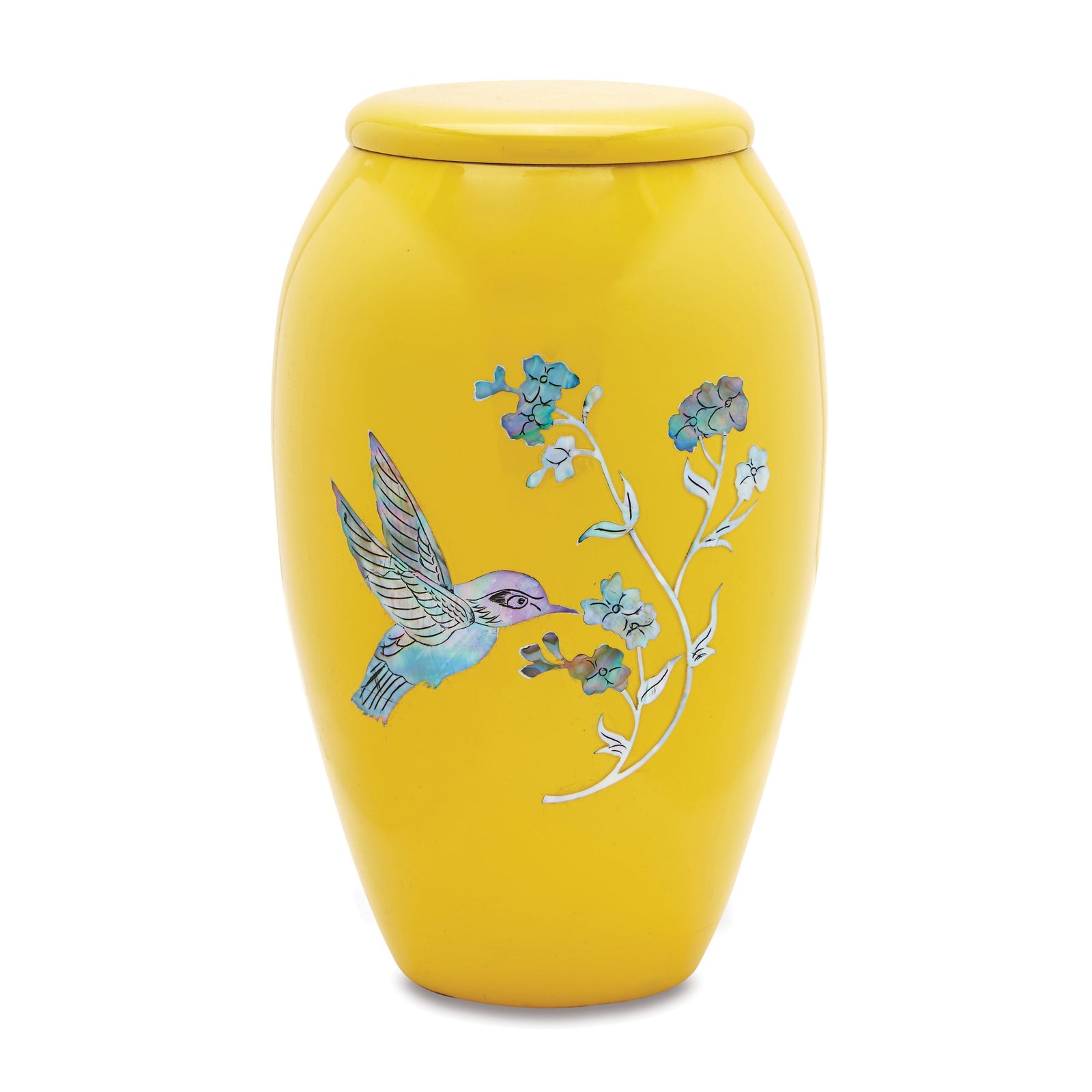 Yellow Hummingbird - Adult Cremation Urn For Ashes - Mother of Pearl