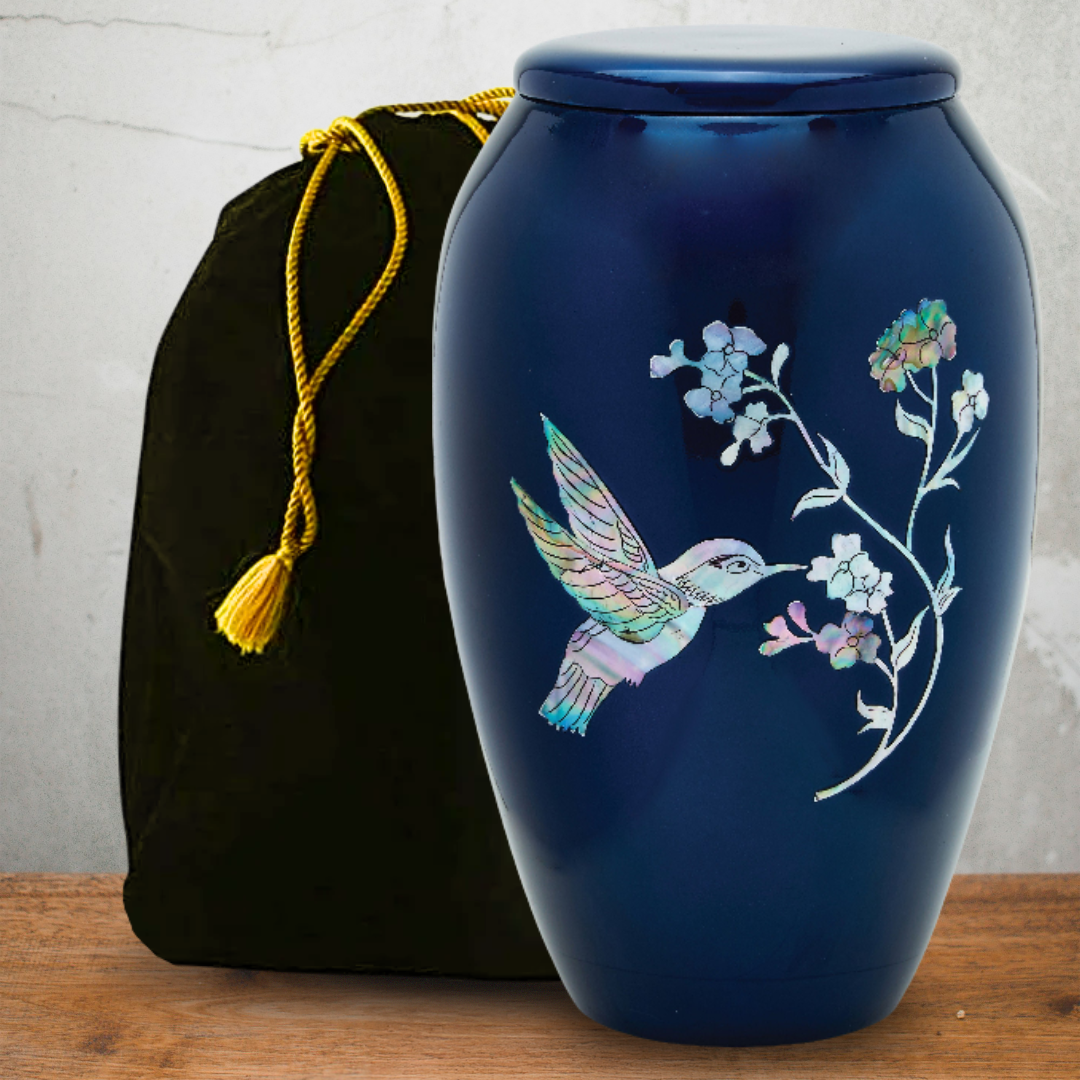 Blue Hummingbird - Adult Cremation Urn For Ashes - Mother of Pearl