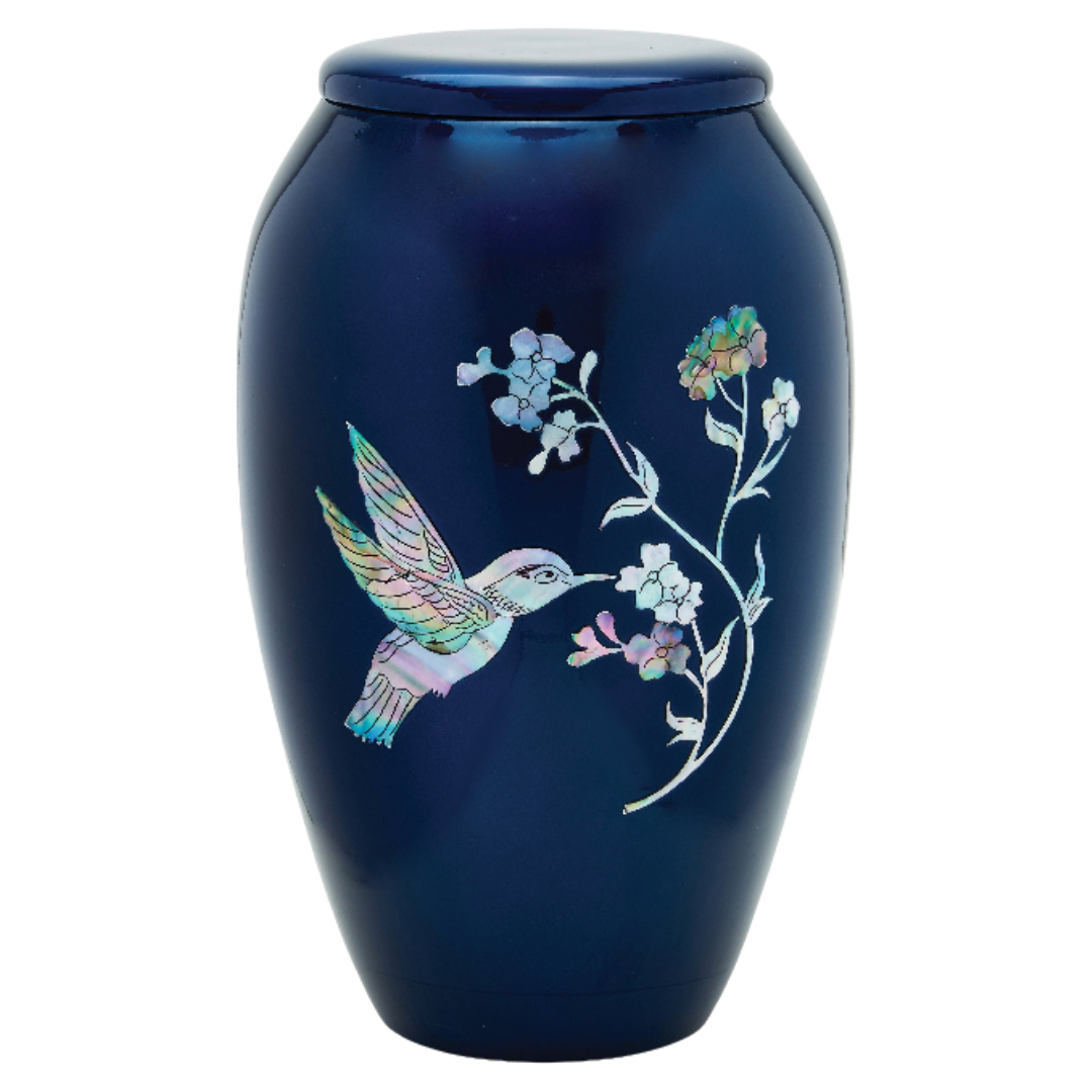Blue Hummingbird - Adult Cremation Urn For Ashes - Mother of Pearl