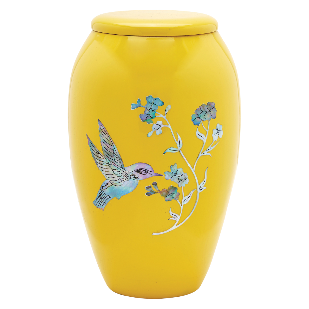 Yellow Hummingbird - Adult Cremation Urn For Ashes - Mother of Pearl