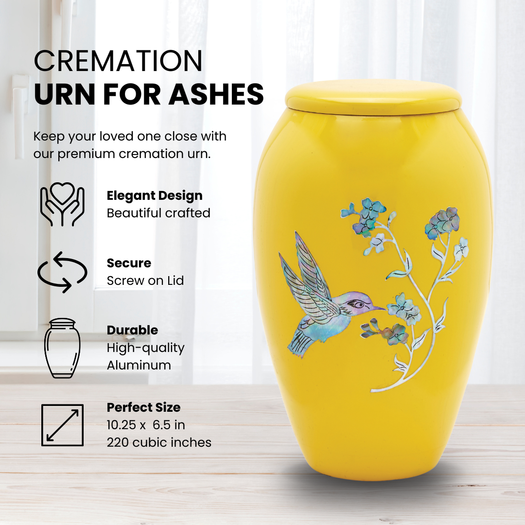 Yellow Hummingbird - Adult Cremation Urn For Ashes - Mother of Pearl