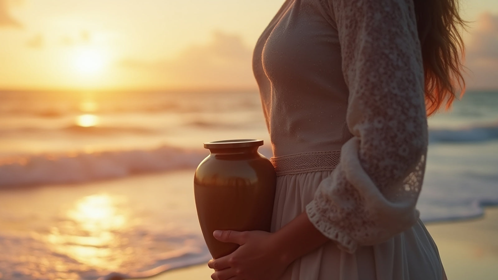 Holding his urn at the beach