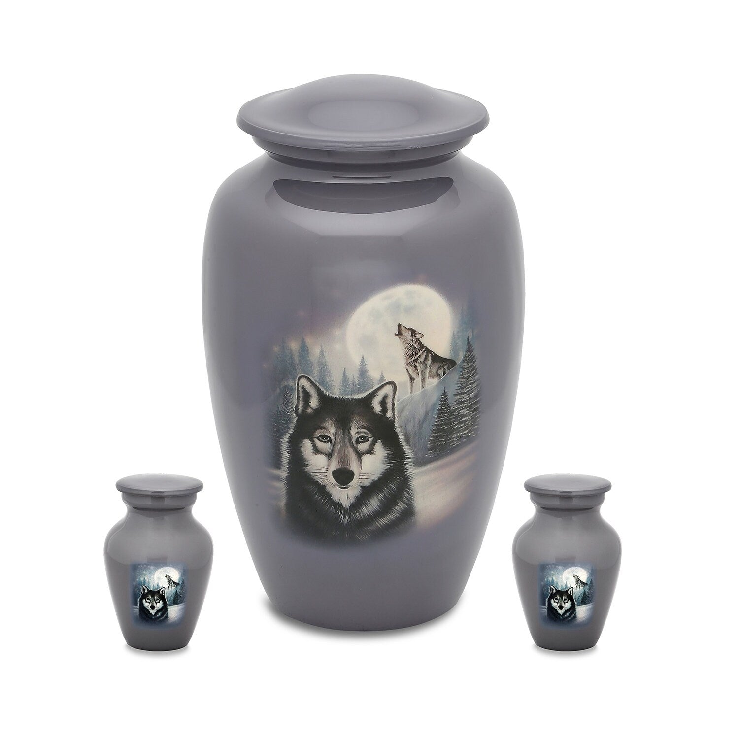 Moonlit Wolf Urn Set - Adult Cremation Urn For Ashes with two keepsake urns - Woof & Moon