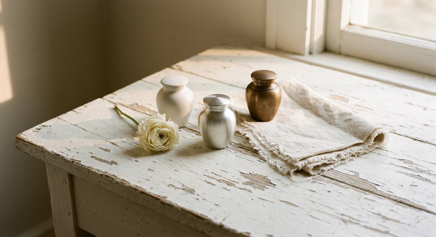 Three small keepsake urns in pearl, silver, and bronze tones arranged on a white wooden surface alongside a dried white flower, bathed in soft natural light.