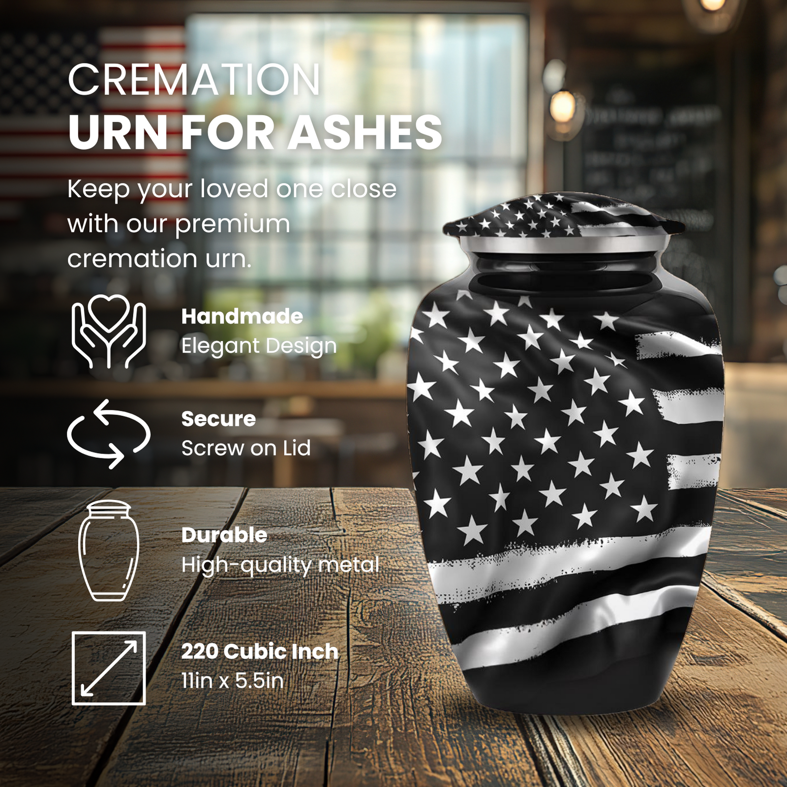 American Flag - Black & White - Adult Cremation Urn