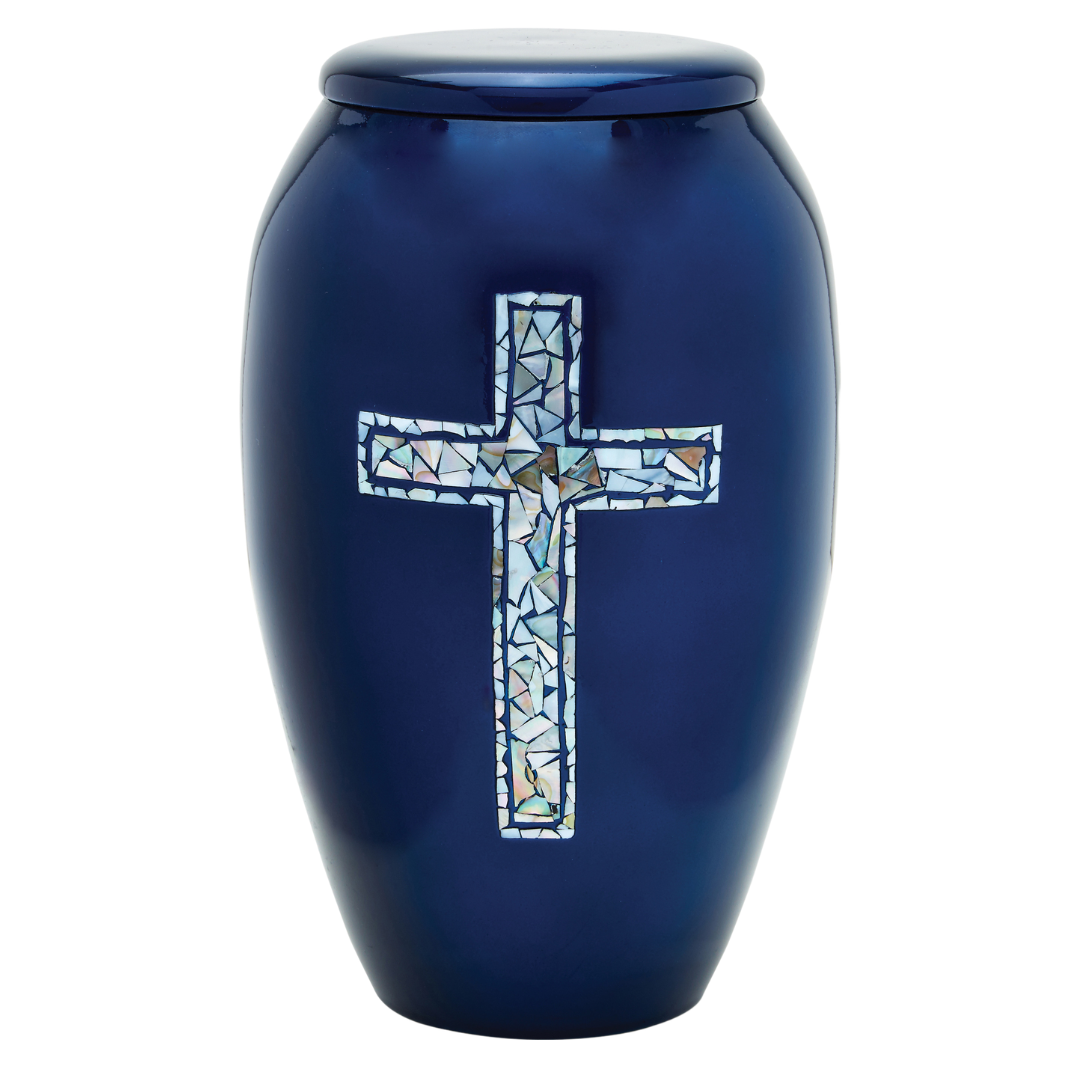 Blue Cross - Adult Cremation Urn For Ashes - Mother of Pearl